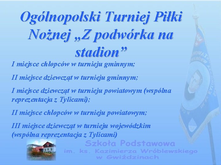 Ogólnopolski Turniej Piłki Nożnej „Z podwórka na stadion” I miejsce chłopców w turnieju gminnym;