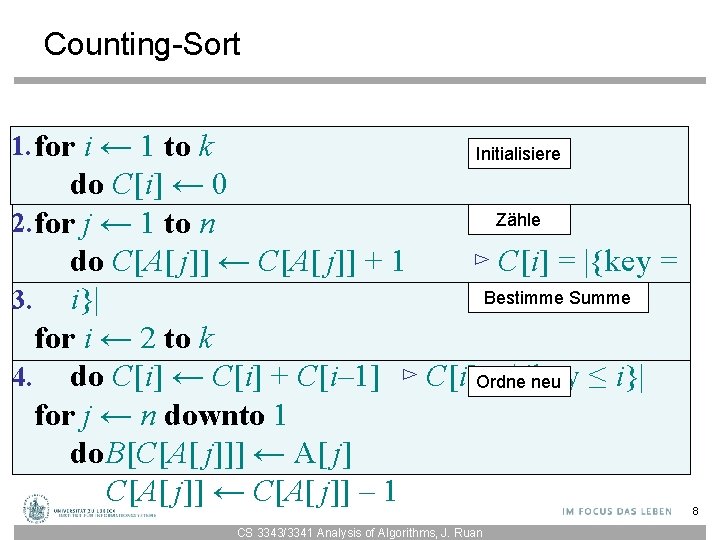 Counting-Sort 1. for i ← 1 to k Initialisiere do C[i] ← 0 Zähle