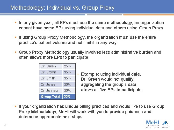 Methodology: Individual vs. Group Proxy § In any given year, all EPs must use