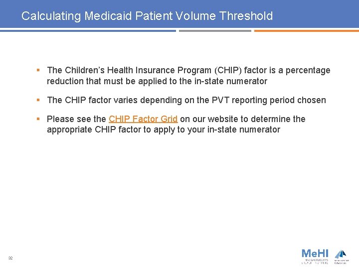 Calculating Medicaid Patient Volume Threshold § The Children’s Health Insurance Program (CHIP) factor is