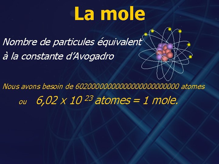 La mole Nombre de particules équivalent à la constante d’Avogadro Nous avons besoin de