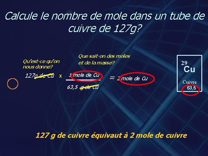 Calcule le nombre de mole dans un tube de cuivre de 127 g? Qu’est-ce