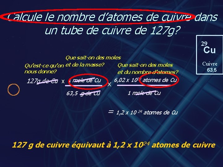 Calcule le nombre d’atomes de cuivre dans un tube de cuivre de 127 g?