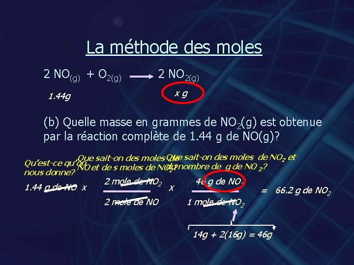 La méthode des moles 2 NO(g) + O 2(g) 2 NO 2(g) xg 1.