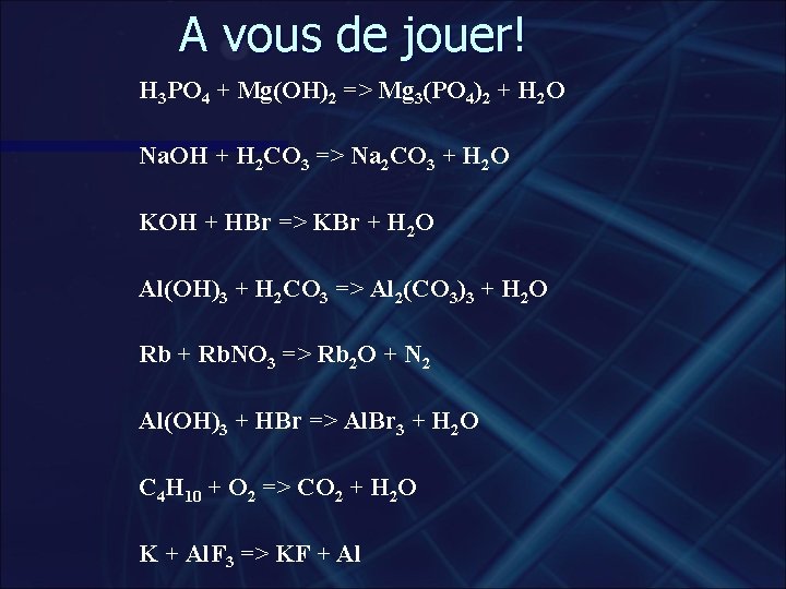 A vous de jouer! H 3 PO 4 + Mg(OH)2 => Mg 3(PO 4)2