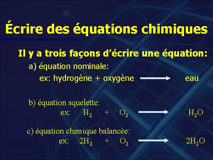 Écrire des équations chimiques Il y a trois façons d’écrire une équation: a) équation
