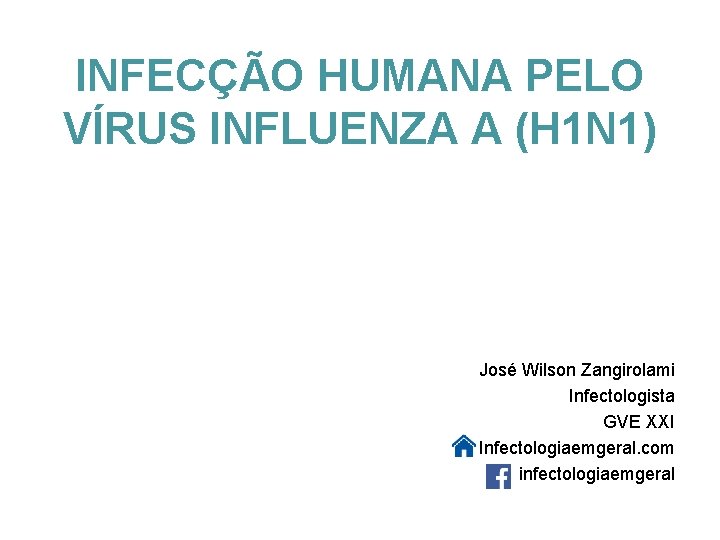 INFECÇÃO HUMANA PELO VÍRUS INFLUENZA A (H 1 N 1) José Wilson Zangirolami Infectologista