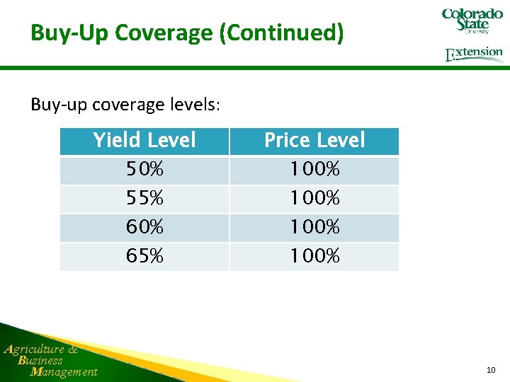 Buy-Up Coverage (Continued) Buy-up coverage levels: Yield Level 50% 55% 60% 65% Agriculture &