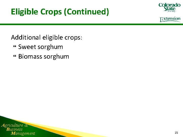 Eligible Crops (Continued) Additional eligible crops: Sweet sorghum Biomass sorghum Agriculture & Business Management