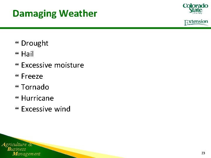 Damaging Weather Drought Hail Excessive moisture Freeze Tornado Hurricane Excessive wind Agriculture & Business