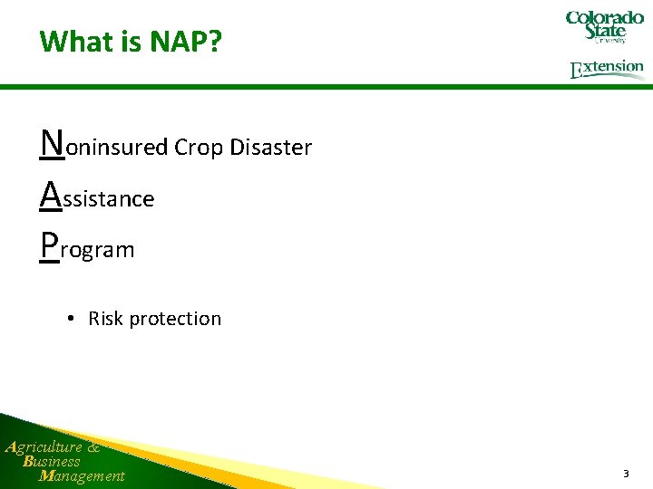 What is NAP? Noninsured Crop Disaster Assistance Program • Risk protection Agriculture & Business