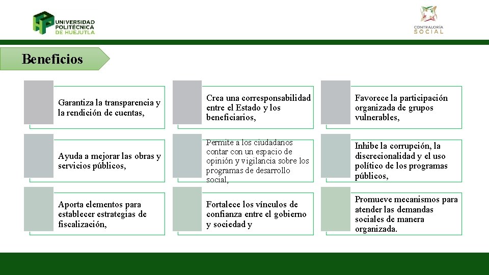 Beneficios Garantiza la transparencia y la rendición de cuentas, Crea una corresponsabilidad entre el