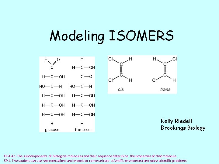 Modeling ISOMERS Kelly Riedell Brookings Biology EK 4. A. 1 The subcomponents of biological
