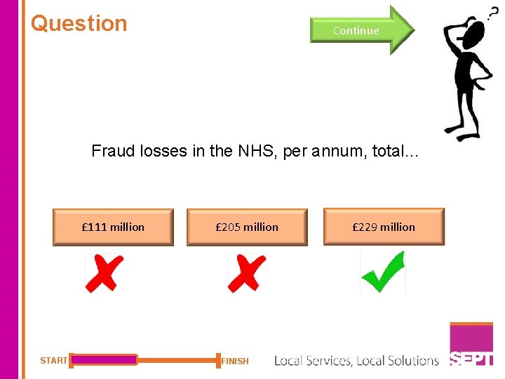 Question Continue Fraud losses in the NHS, per annum, total… £ 111 million START