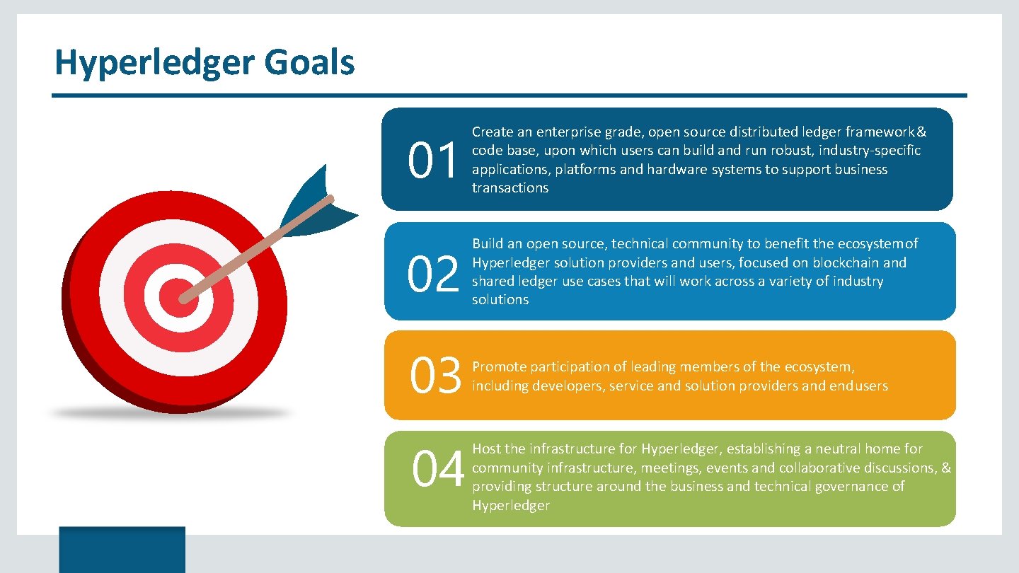 Hyperledger Goals 01 Create an enterprise grade, open source distributed ledger framework & code