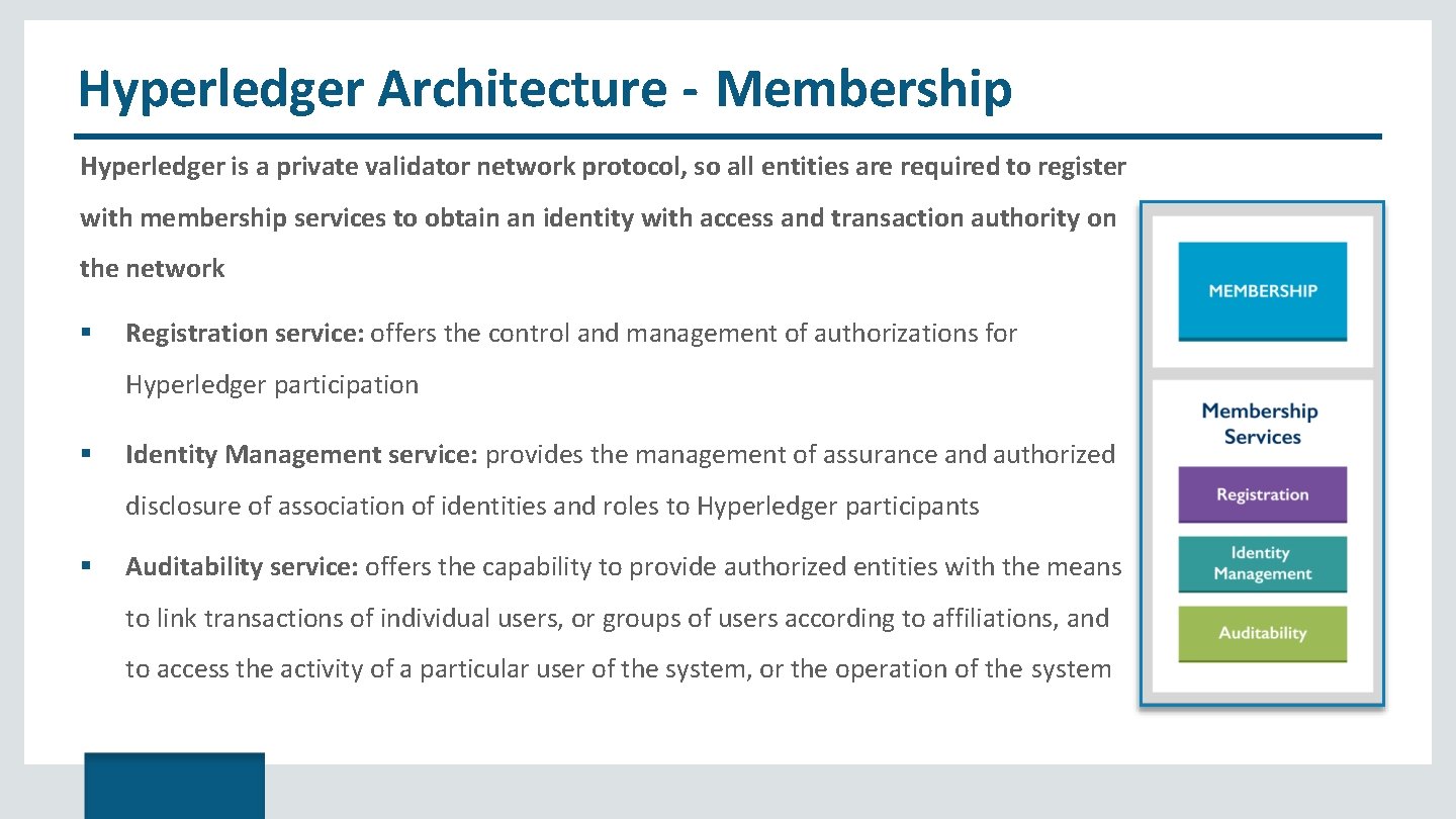 Hyperledger Architecture - Membership Hyperledger is a private validator network protocol, so all entities