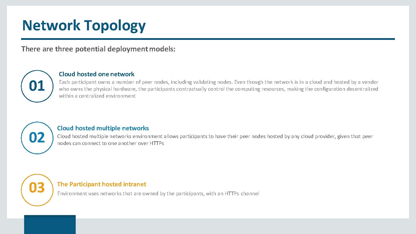 Network Topology There are three potential deployment models: 01 Cloud hosted one network Each