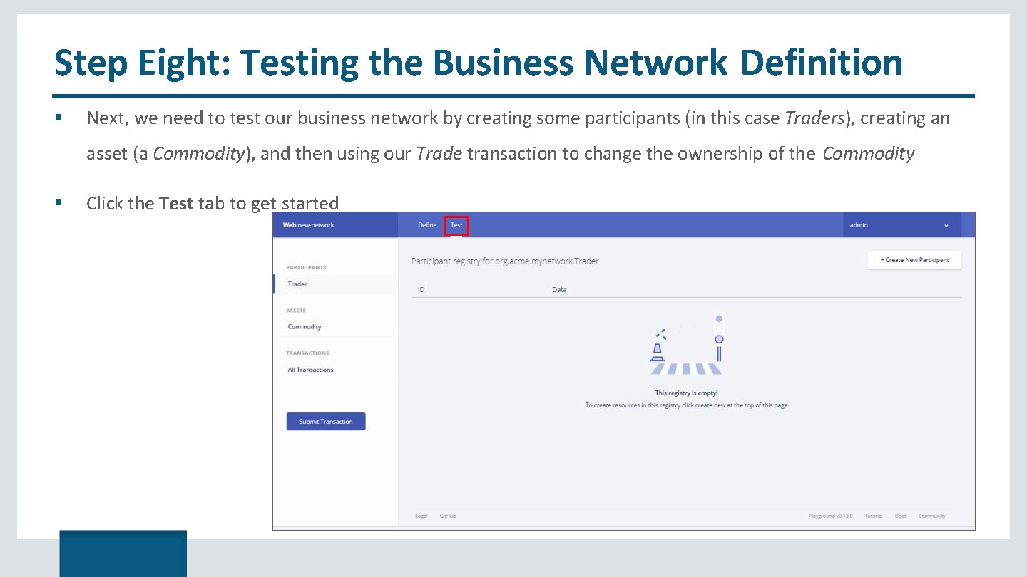 Step Eight: Testing the Business Network Definition Next, we need to test our business
