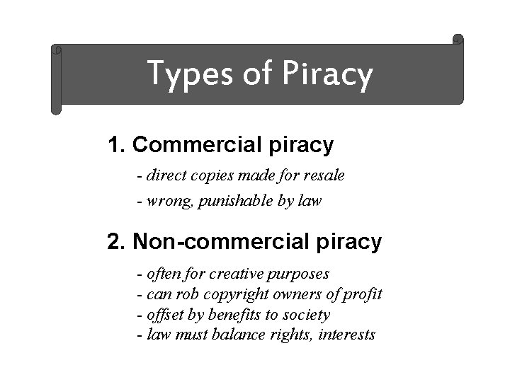 Types of Piracy 1. Commercial piracy - direct copies made for resale - wrong,