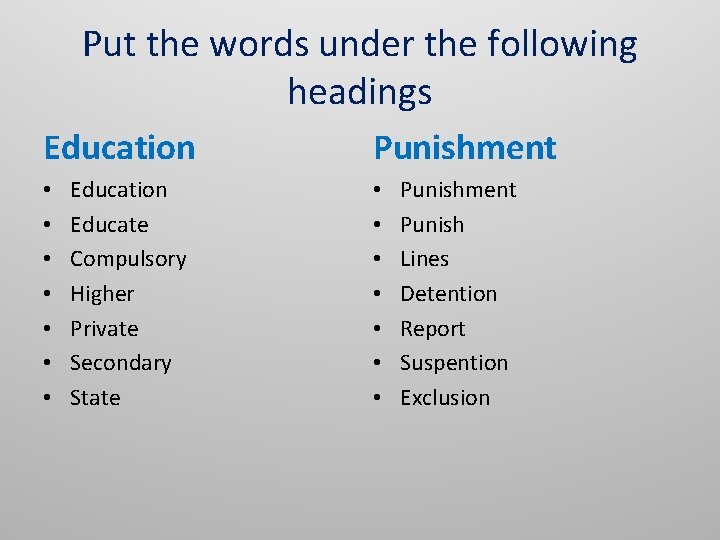 Put the words under the following headings Education • • Education Educate Compulsory Higher