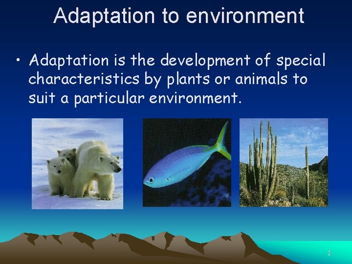 Adaptation to environment • Adaptation is the development of special characteristics by plants or