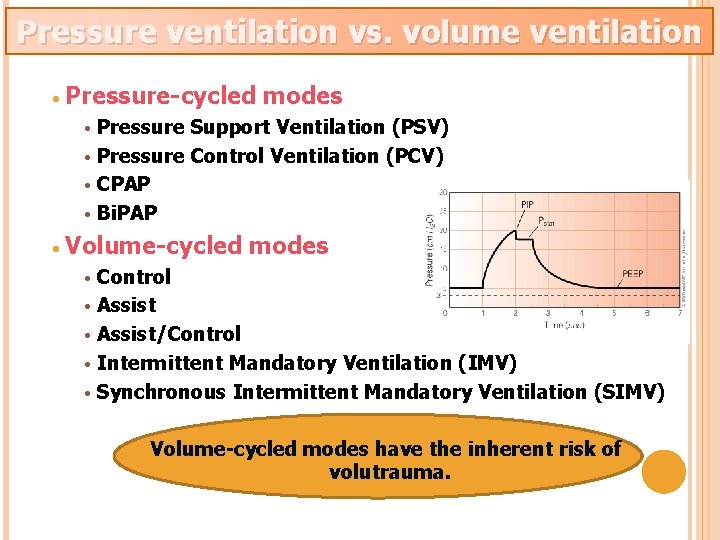 Pressure ventilation vs. volume ventilation • Pressure-cycled modes Pressure Support Ventilation (PSV) • Pressure