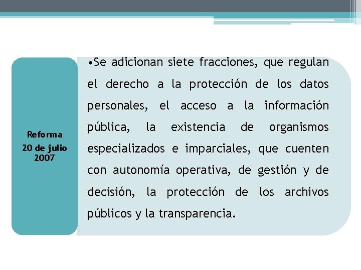  • Se adicionan siete fracciones, que regulan el derecho a la protección de