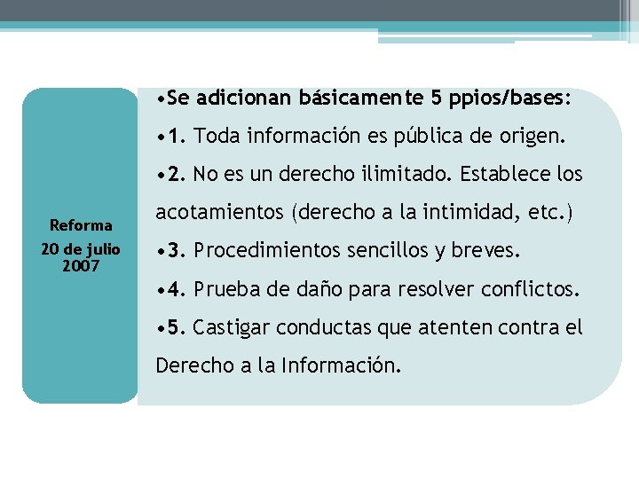  • Se adicionan básicamente 5 ppios/bases: • 1. Toda información es pública de