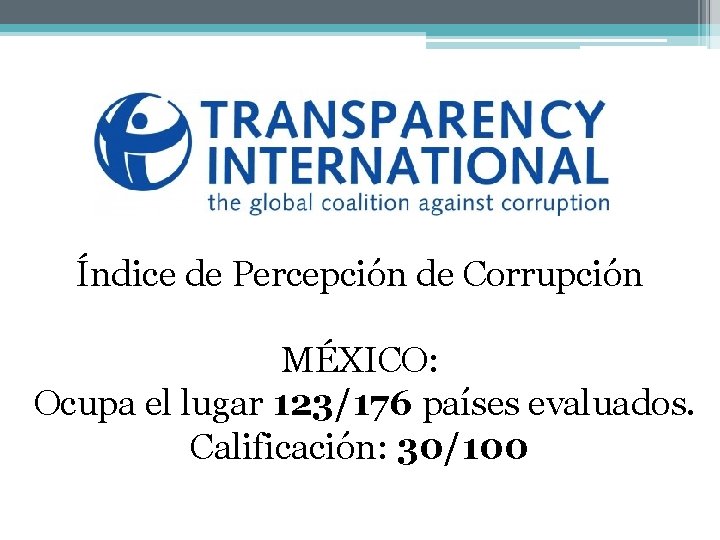 Índice de Percepción de Corrupción MÉXICO: Ocupa el lugar 123/176 países evaluados. Calificación: 30/100