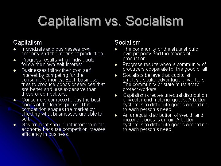 Capitalism vs. Socialism Capitalism l l l Individuals and businesses own property and the