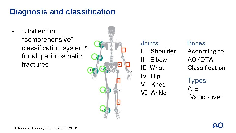 Diagnosis and classification • “Unified” or “comprehensive” classification system* for all periprosthetic fractures *Duncan,