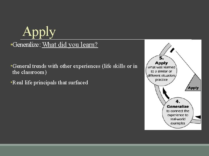 Apply • Generalize : What did you learn? • General trends with other experiences