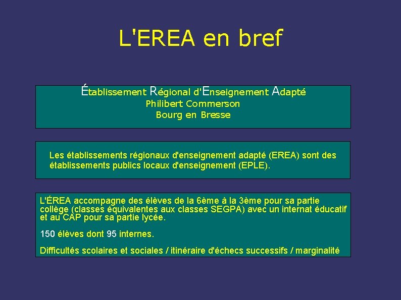 L'EREA en bref Établissement Régional d'Enseignement Adapté Philibert Commerson Bourg en Bresse Les établissements