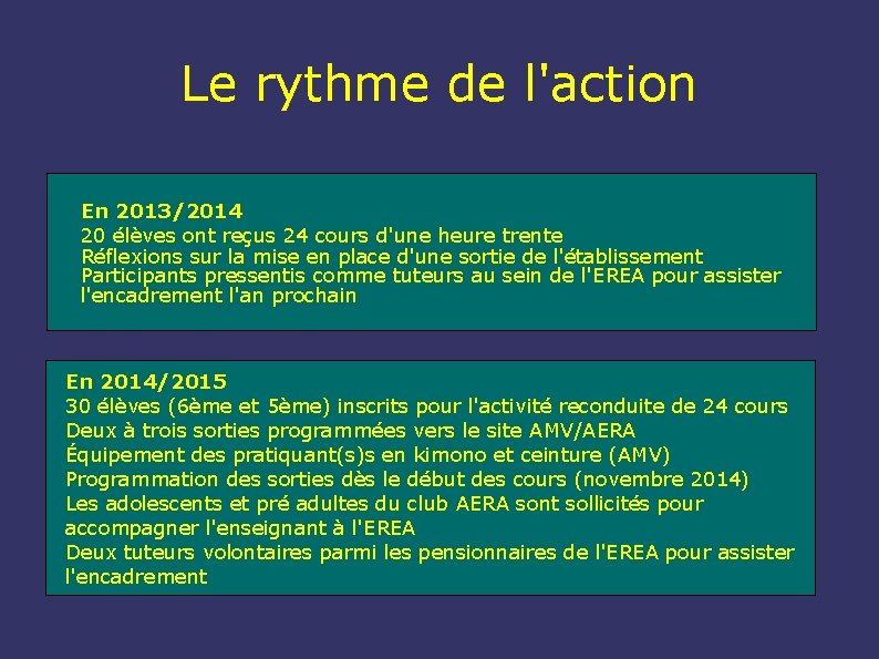 Le rythme de l'action En 2013/2014 20 élèves ont reçus 24 cours d'une heure