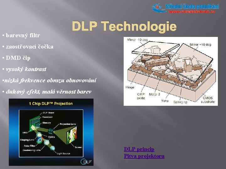  • barevný filtr DLP Technologie • zaostřovací čočka • DMD čip • vysoký