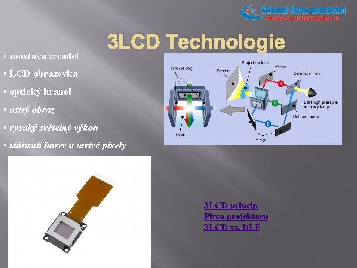  • soustava zrcadel 3 LCD Technologie • LCD obrazovka • optický hranol •