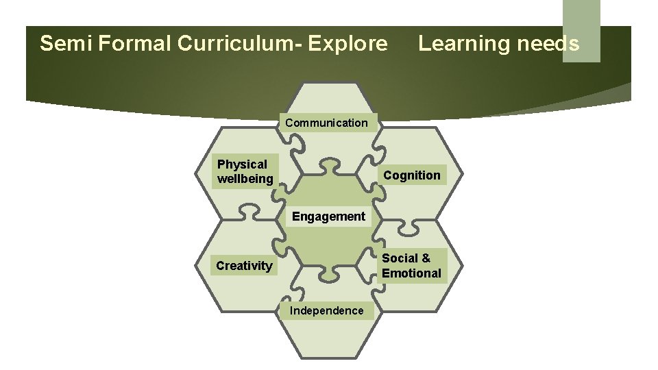 Semi Formal Curriculum- Explore Learning needs Communication Physical wellbeing Cognition Engagement Social & Emotional