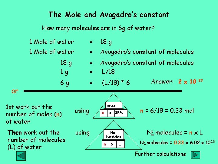 The Mole and Avogadro’s constant How many molecules are in 6 g of water?