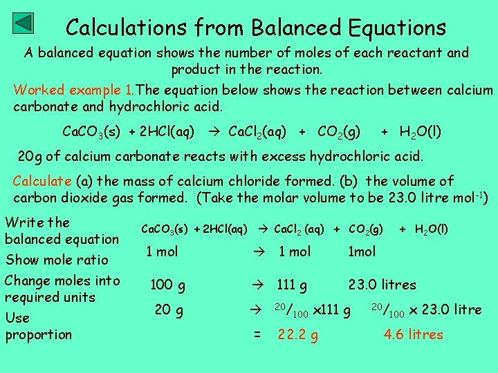 Calculations from Balanced Equations A balanced equation shows the number of moles of each