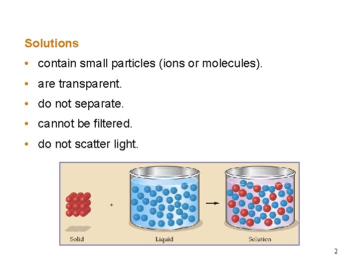 Solutions • contain small particles (ions or molecules). • are transparent. • do not Solutions • contain small particles (ions or molecules). • are transparent. • do not