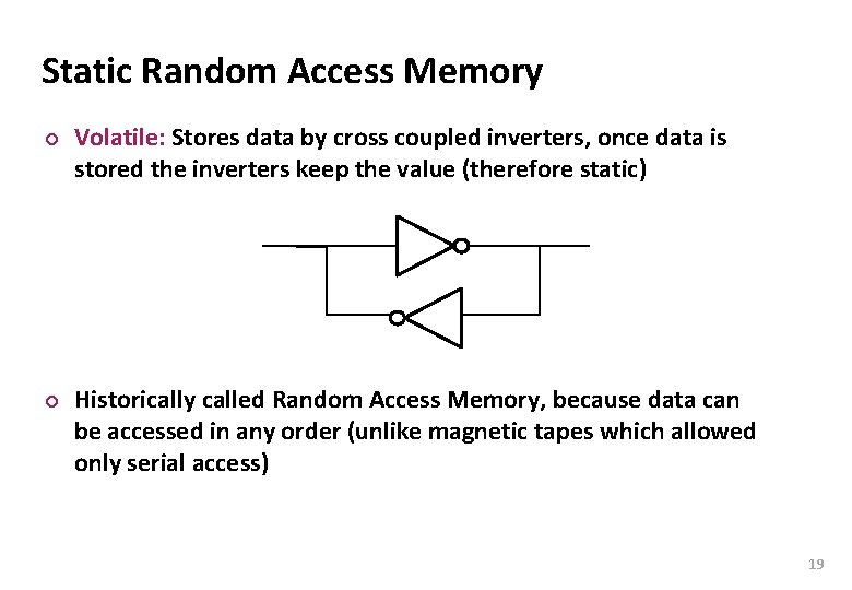 Carnegie Mellon Static Random Access Memory ¢ ¢ Volatile: Stores data by cross coupled