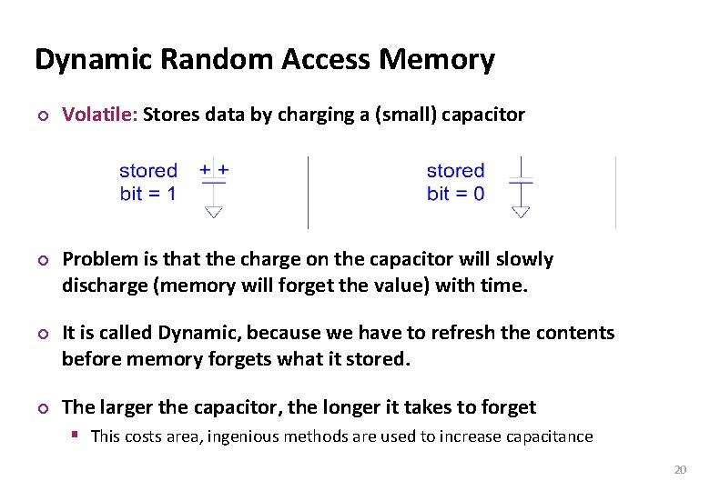 Carnegie Mellon Dynamic Random Access Memory ¢ ¢ Volatile: Stores data by charging a
