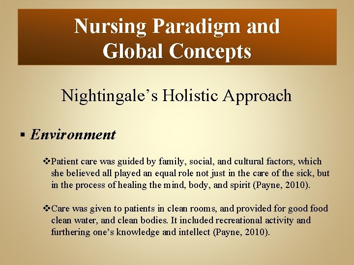 Nursing Paradigm and Global Concepts Nightingale’s Holistic Approach § Environment v. Patient care was