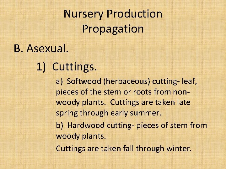 Nursery Production Propagation B. Asexual. 1) Cuttings. a) Softwood (herbaceous) cutting- leaf, pieces of