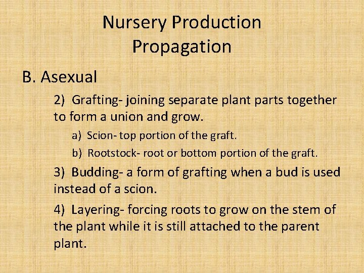 Nursery Production Propagation B. Asexual 2) Grafting- joining separate plant parts together to form