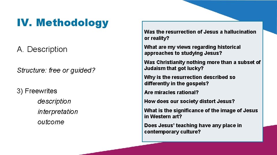 IV. Methodology A. Description Structure: free or guided? Was the resurrection of Jesus a IV. Methodology A. Description Structure: free or guided? Was the resurrection of Jesus a