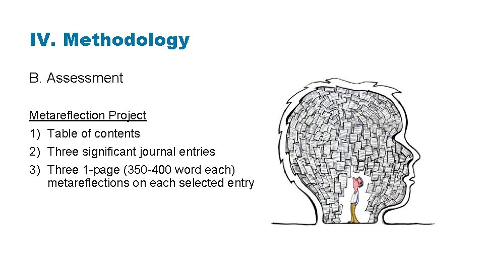 IV. Methodology B. Assessment Metareflection Project 1) Table of contents 2) Three significant journal