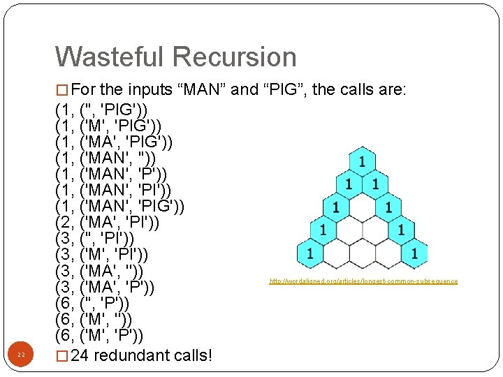 Wasteful Recursion � For the inputs “MAN” and “PIG”, the calls are: 22 (1,