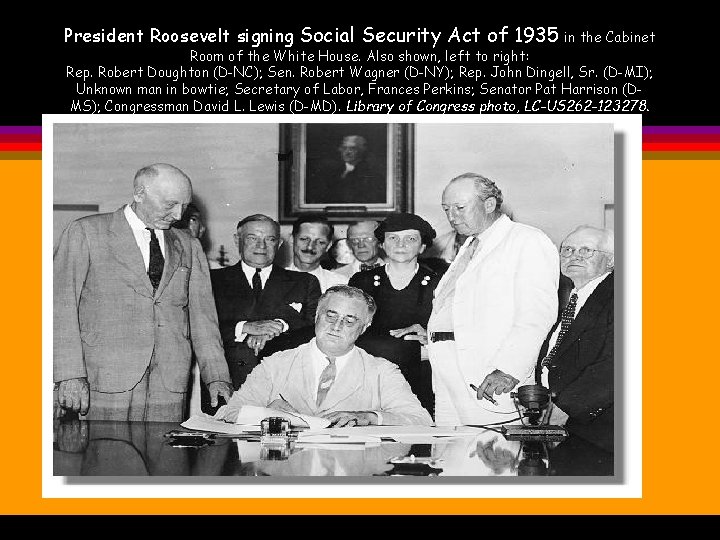 President Roosevelt signing Social Security Act of 1935 in the Cabinet Room of the