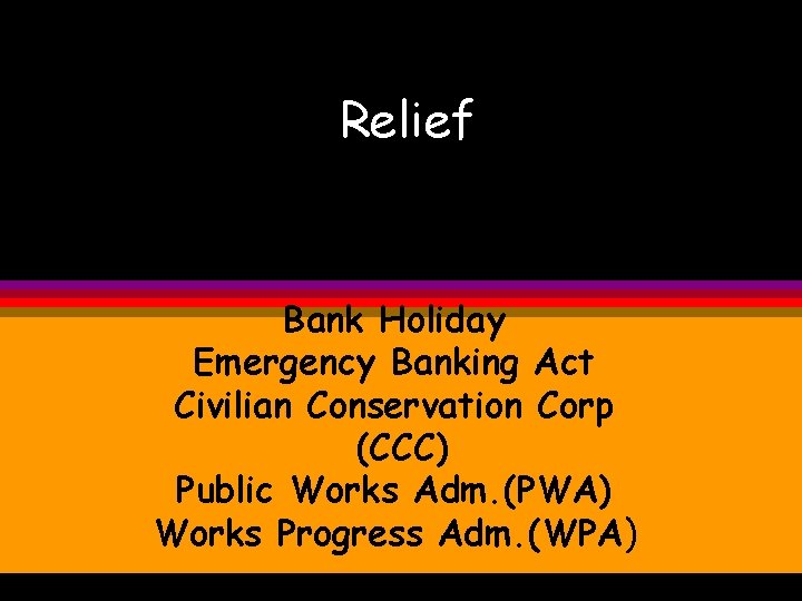 Relief Bank Holiday Emergency Banking Act Civilian Conservation Corp (CCC) Public Works Adm. (PWA)